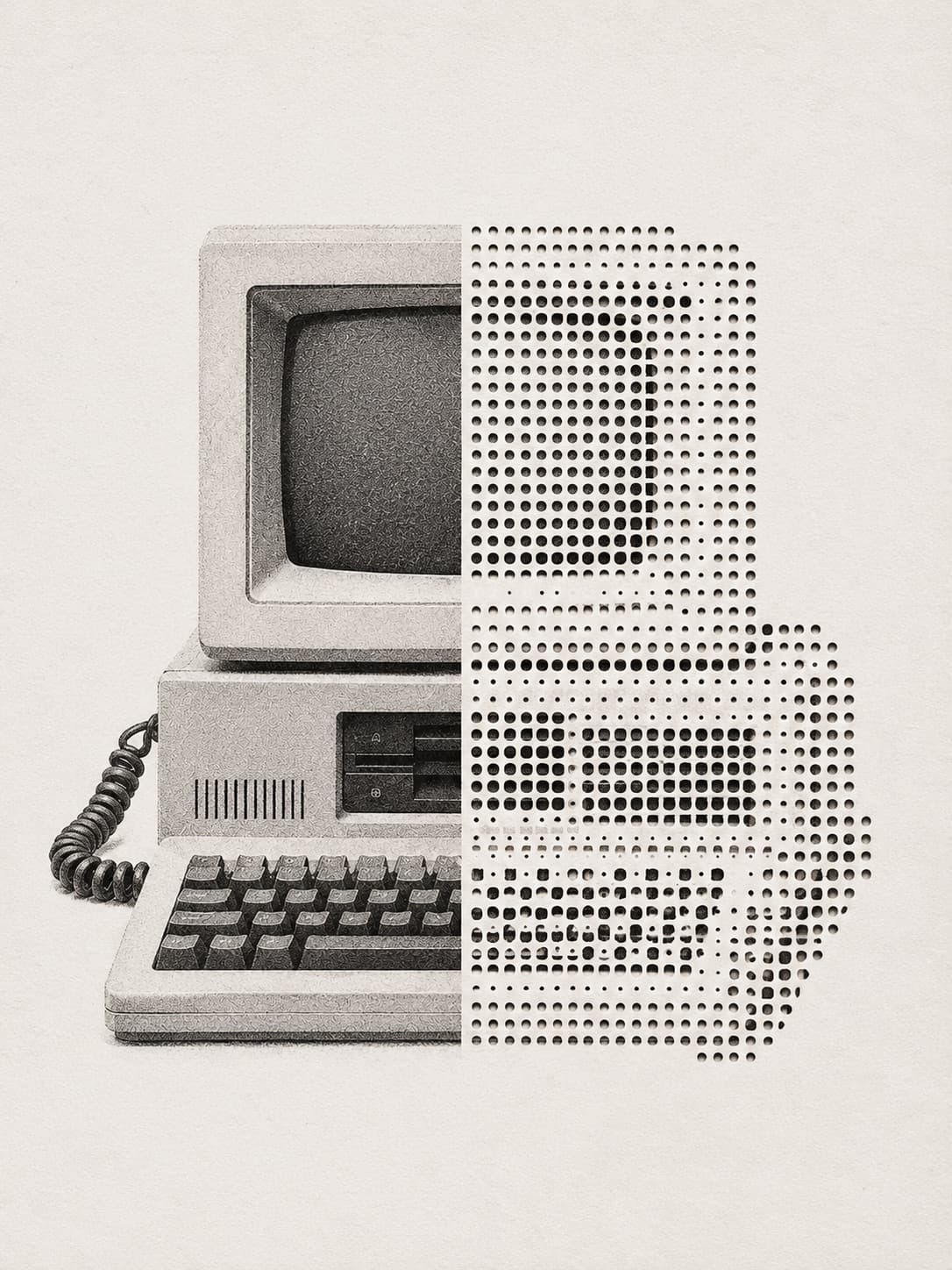 A vintage desktop computer, keyboard and printout